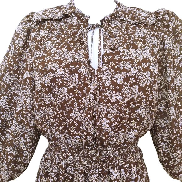 Vintage 90s Flower&Feather Prairie Dress -L Floral Tiered Ruffles Keyhole Brown - Picture 3 of 11